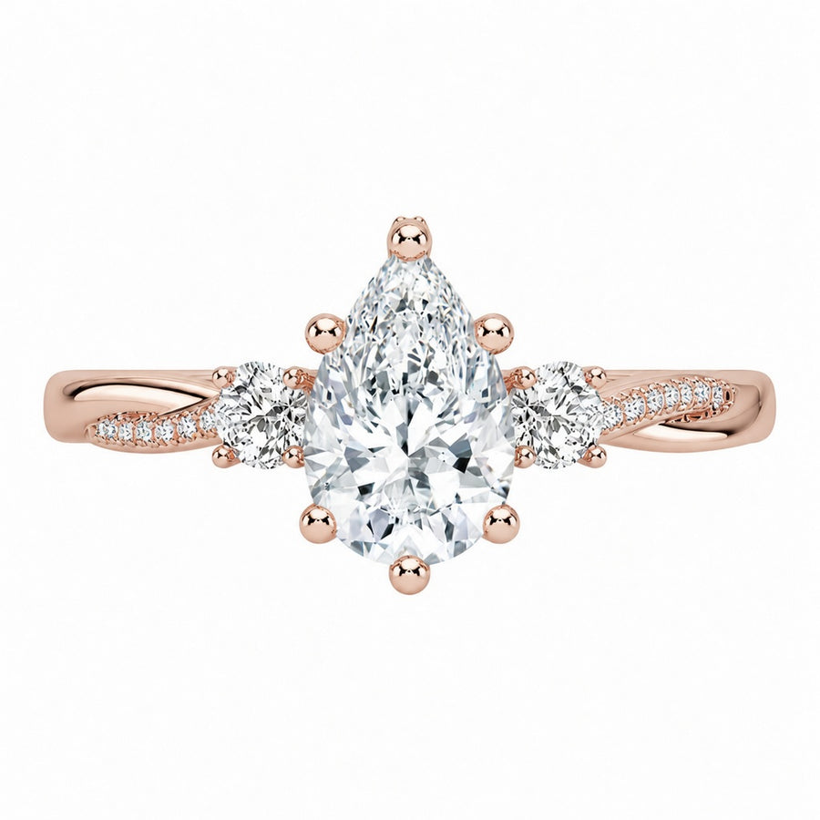 3.00 CT Pear Lab-Grown Diamond Hidden Halo Three Stone Engagement Ring in 14K White Gold – Petite Twisted Vine Design