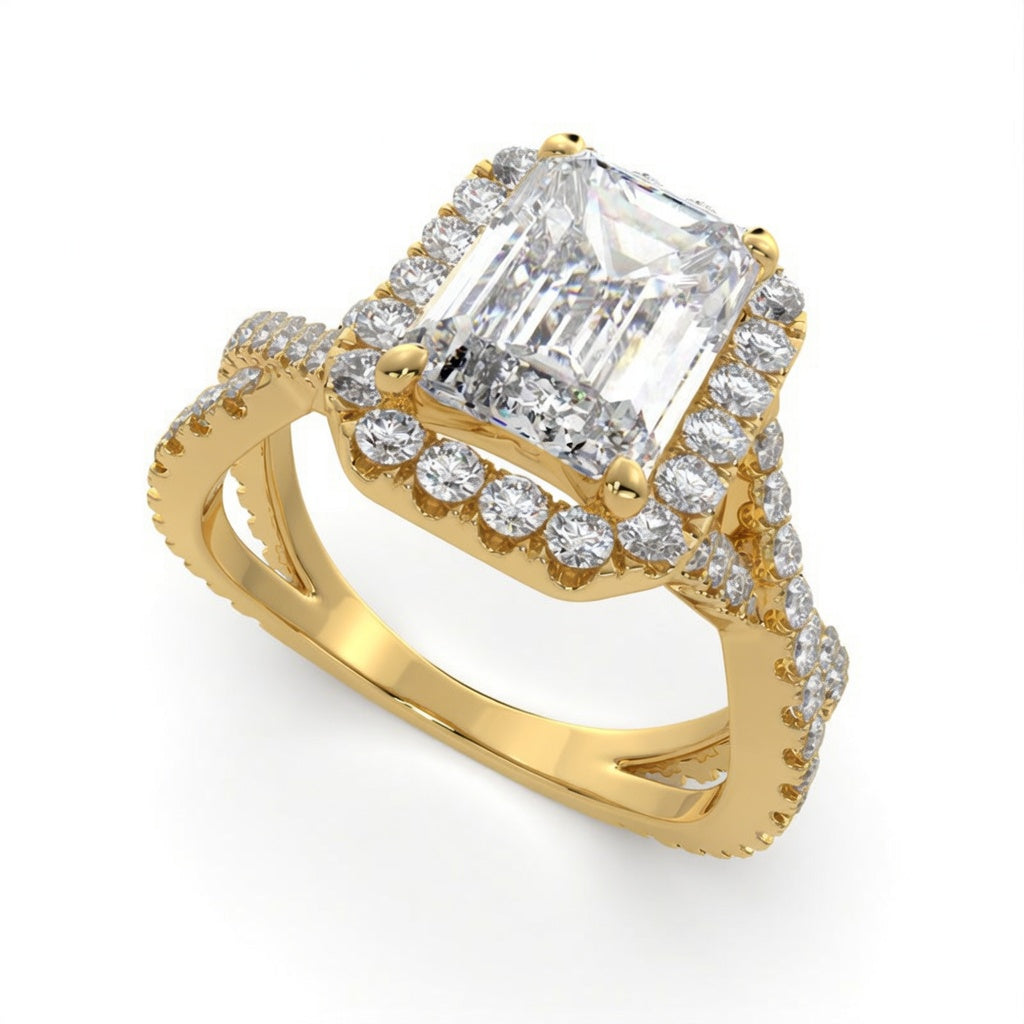 Ophelia 2.35 Carat Emerald Cut Pave Halo Split Shank Engagement Ring