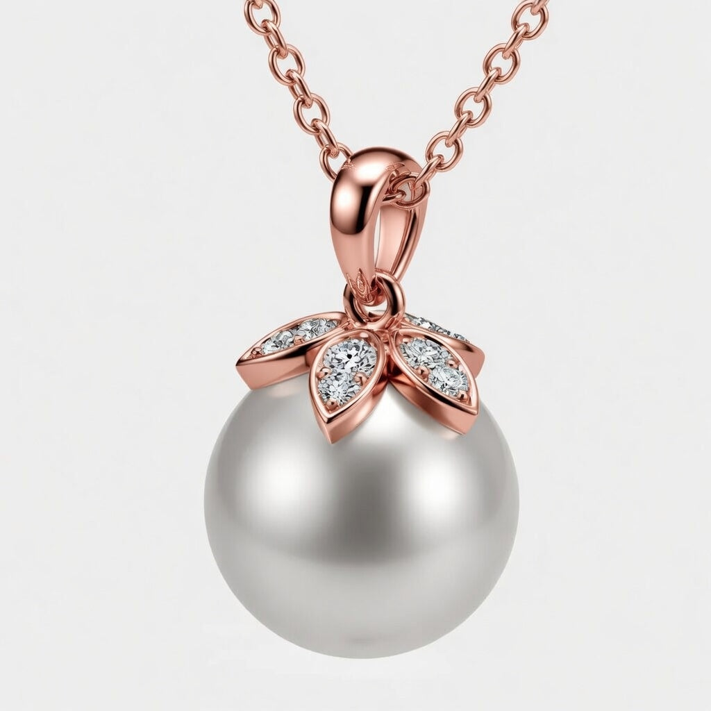 14K White Gold Freshwater Pearl & Lab-Grown Diamond Floral Pendant (1.00 CTW – D–F / VS1–VS2)