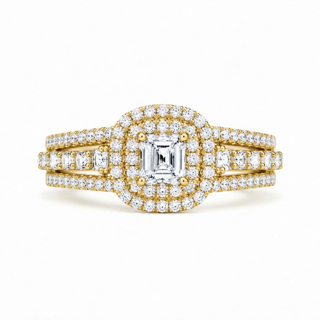2.00 CT Princess Cut Lab-Grown Diamond Double Halo Engagement Ring in 14K White Gold – Split Shank Statement Design