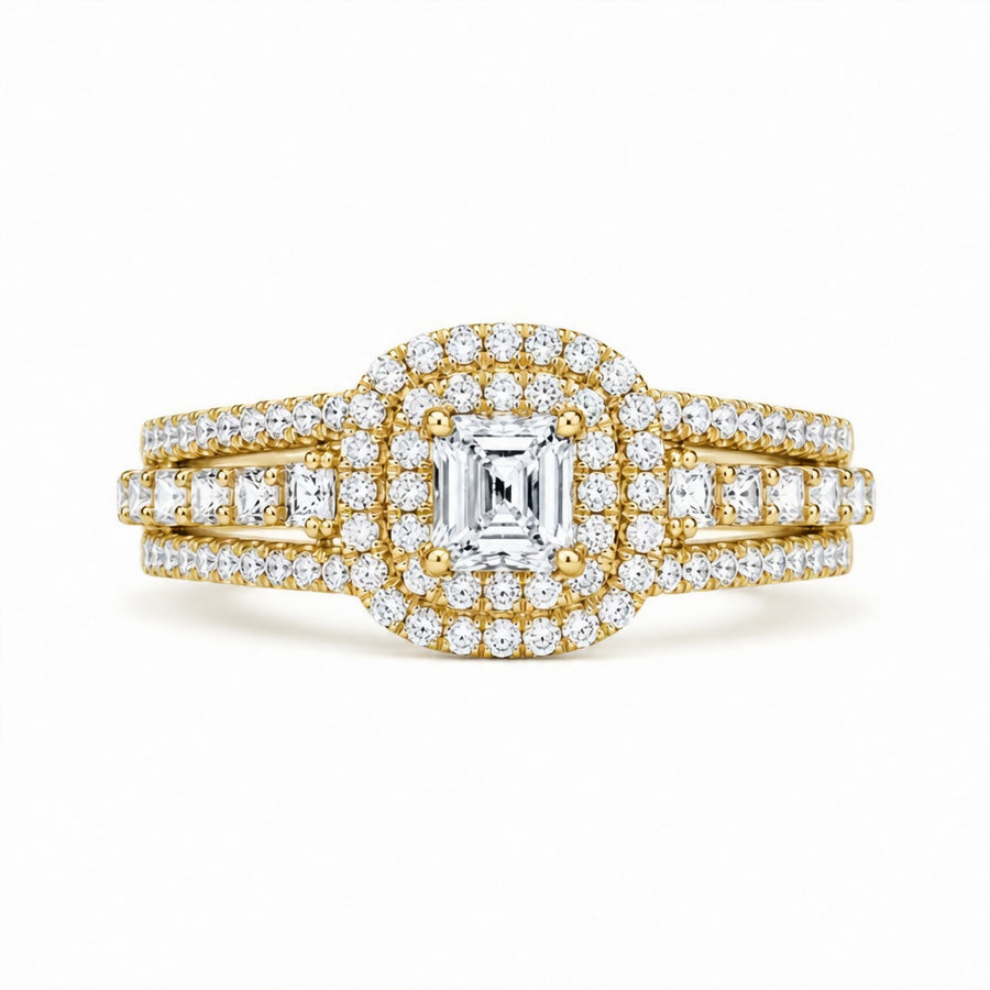 2.00 CT Princess Cut Lab-Grown Diamond Double Halo Engagement Ring in 14K White Gold – Split Shank Statement Design