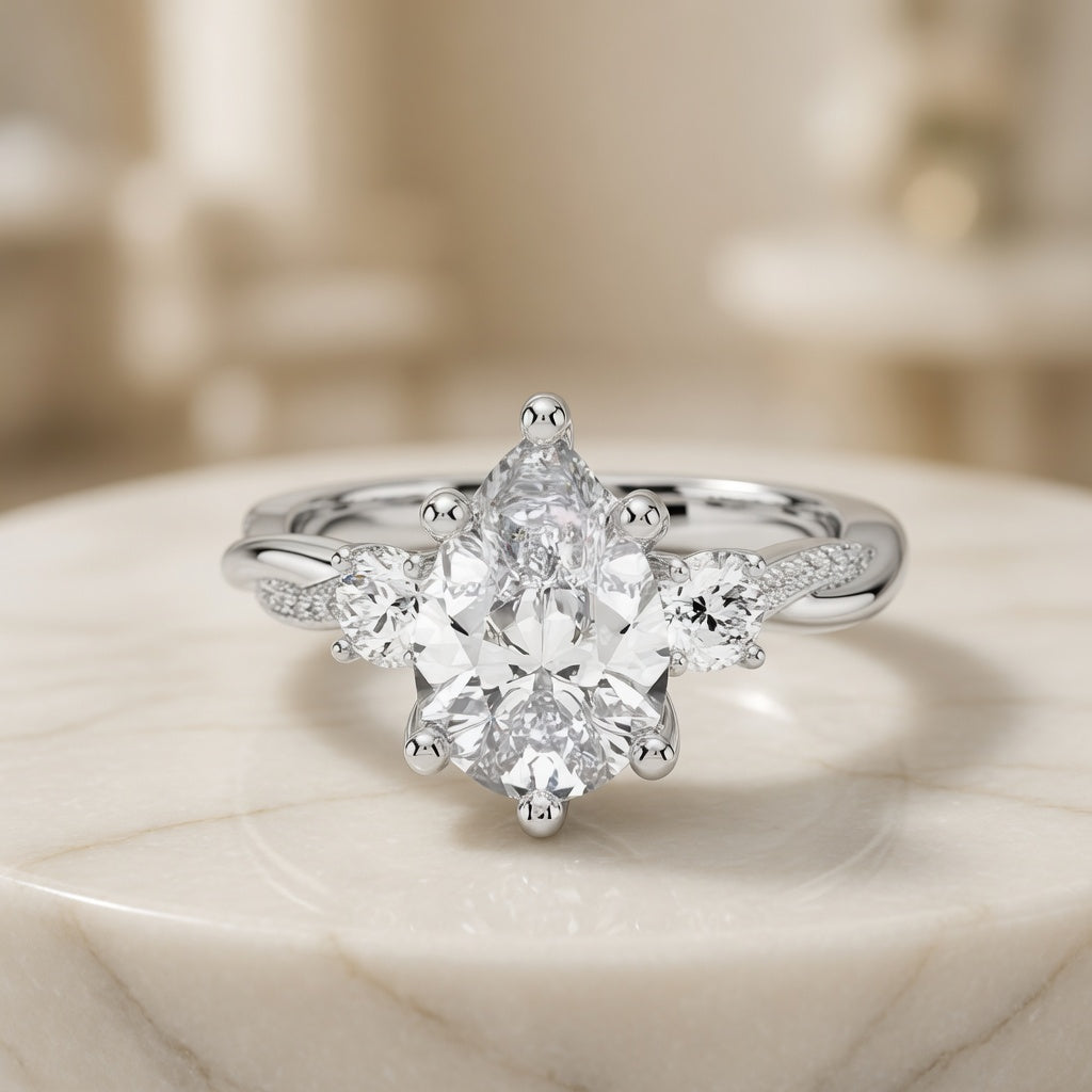 3.00 CT Pear Lab-Grown Diamond Hidden Halo Three Stone Engagement Ring in 14K White Gold – Petite Twisted Vine Design