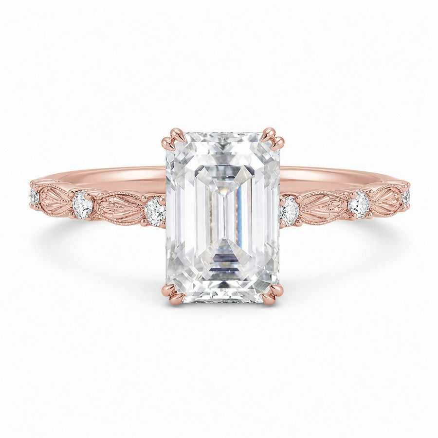 1.00 CT Emerald Cut Lab-Grown Diamond Engagement Ring in 14K White Gold – Hidden Halo Engraved Solitaire Design