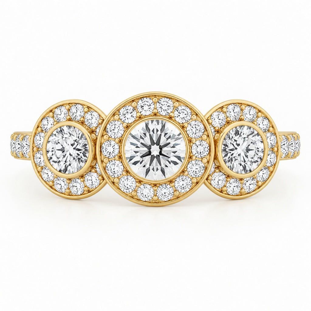 3.00 CT Round Halo Lab-Grown Diamond Three-Stone Engagement Ring in 14K White Gold – Anniversary Wedding Design