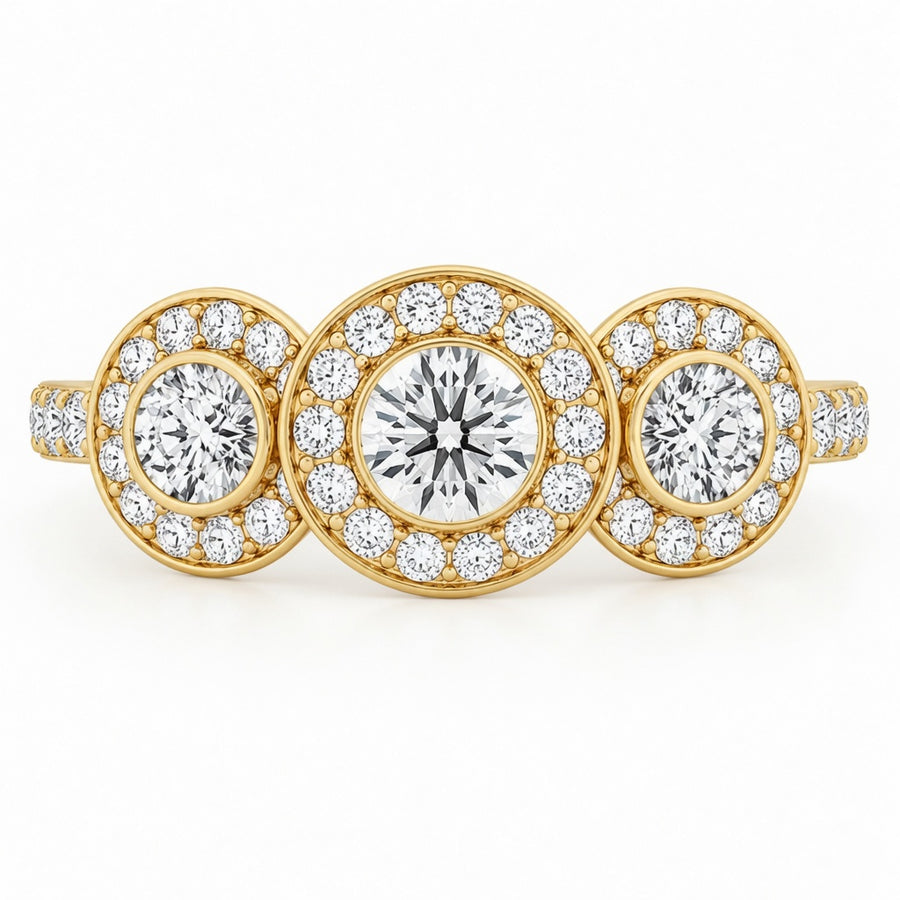 3.00 CT Round Halo Lab-Grown Diamond Three-Stone Engagement Ring in 14K White Gold – Anniversary Wedding Design