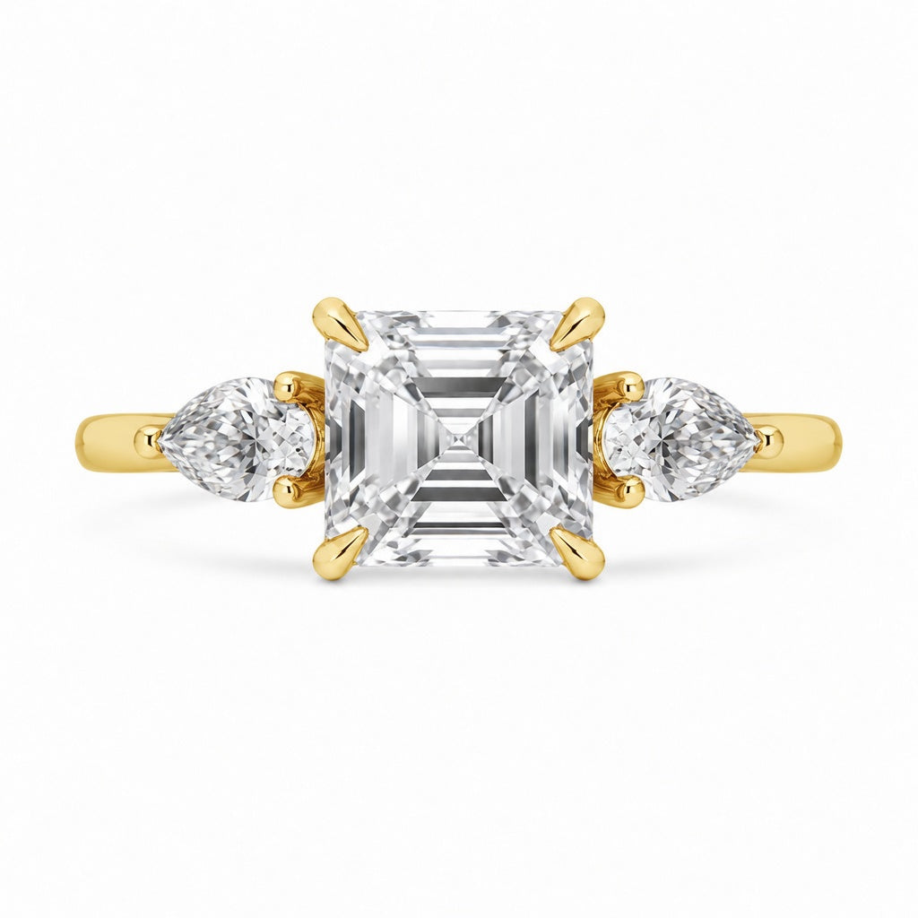 2.00 CT Asscher Cut Lab-Grown Diamond Three Stone Engagement Ring in 14K White Gold – Bezel Set IGI Certified Design