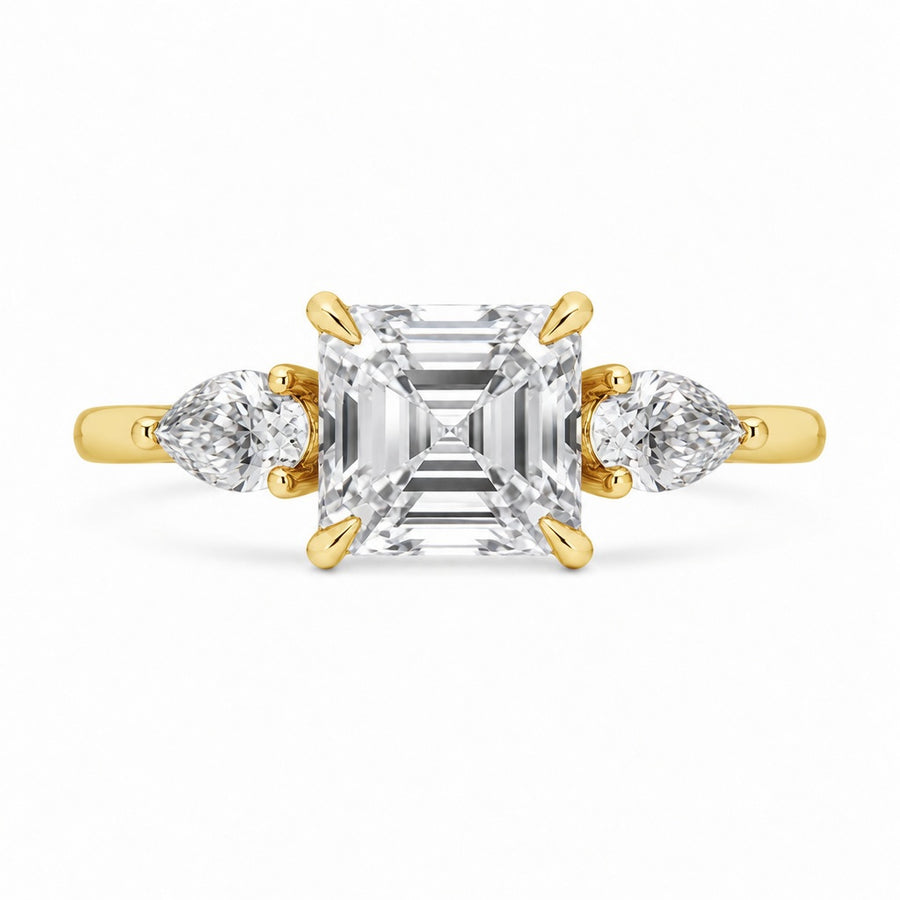 2.00 CT Asscher Cut Lab-Grown Diamond Three Stone Engagement Ring in 14K White Gold – Bezel Set IGI Certified Design