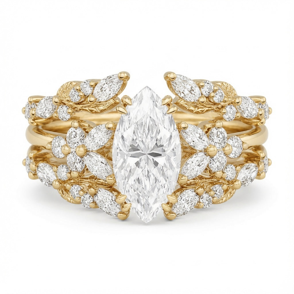 2.30 CT Marquise Lab-Grown Diamond 2PCS Bridal Set in 14K White Gold – Double Enhancer Leaf Fairy Wedding Band Design