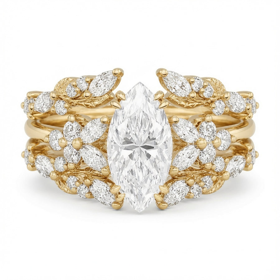 2.30 CT Marquise Lab-Grown Diamond 2PCS Bridal Set in 14K White Gold – Double Enhancer Leaf Fairy Wedding Band Design