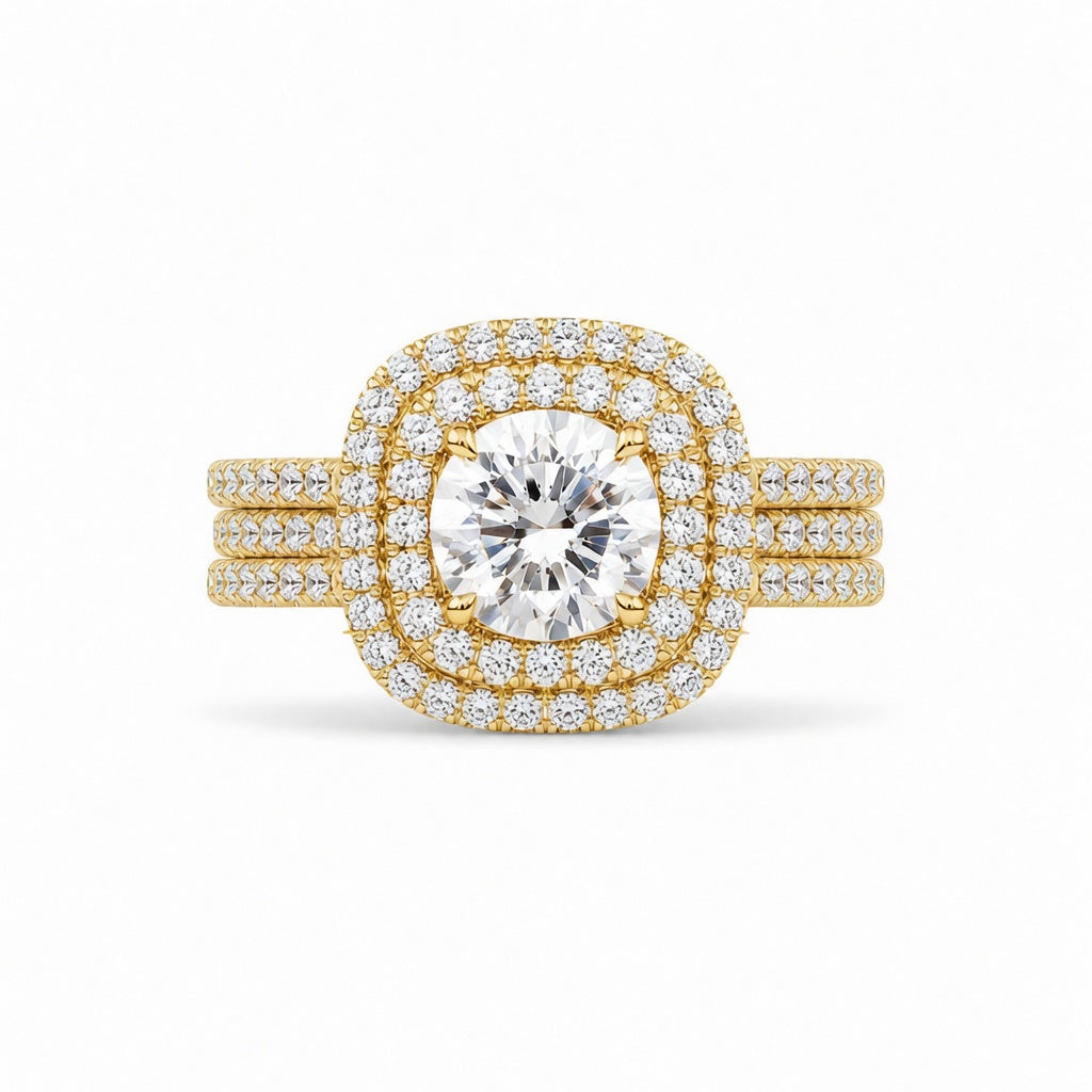 4.00 CT Round Cut Lab-Grown Diamond Double Halo Engagement Ring Set in 14K White Gold – Cushion Halo Bridal Design with Double Half Eternity Bands