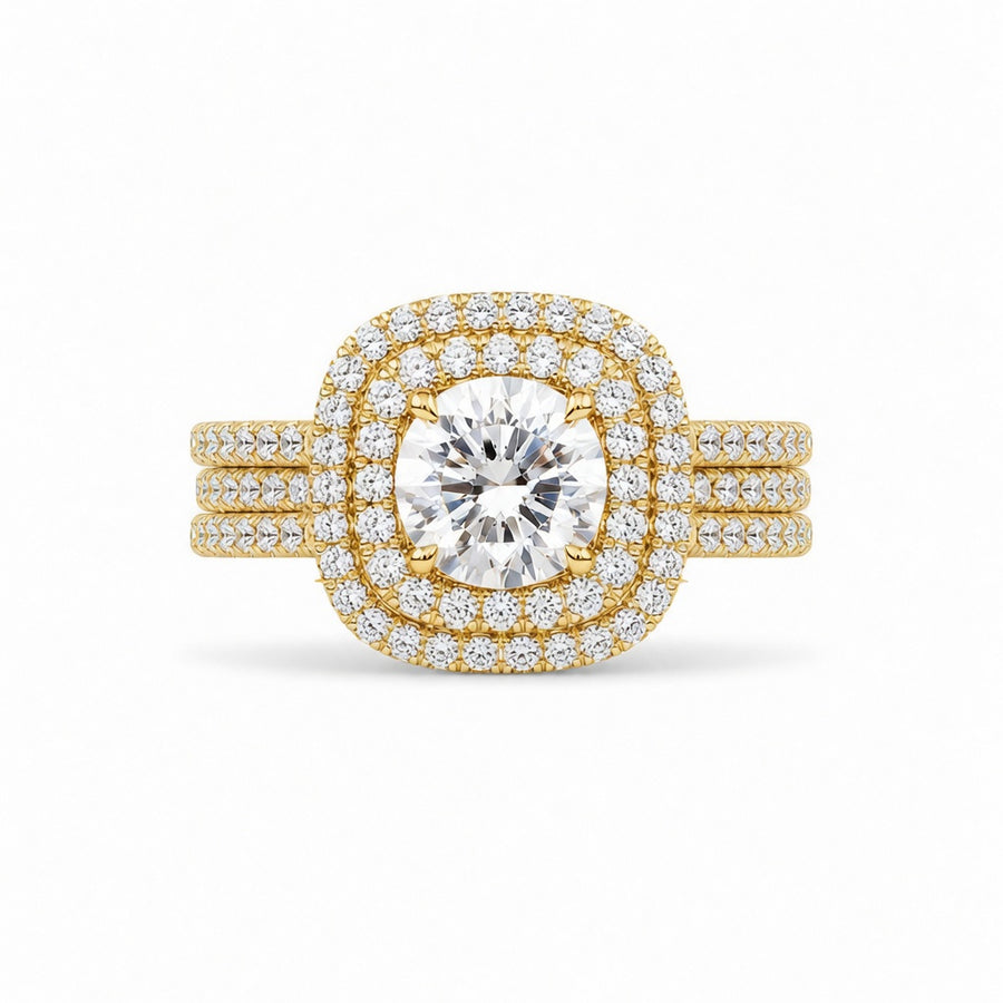 4.00 CT Round Cut Lab-Grown Diamond Double Halo Engagement Ring Set in 14K White Gold – Cushion Halo Bridal Design with Double Half Eternity Bands
