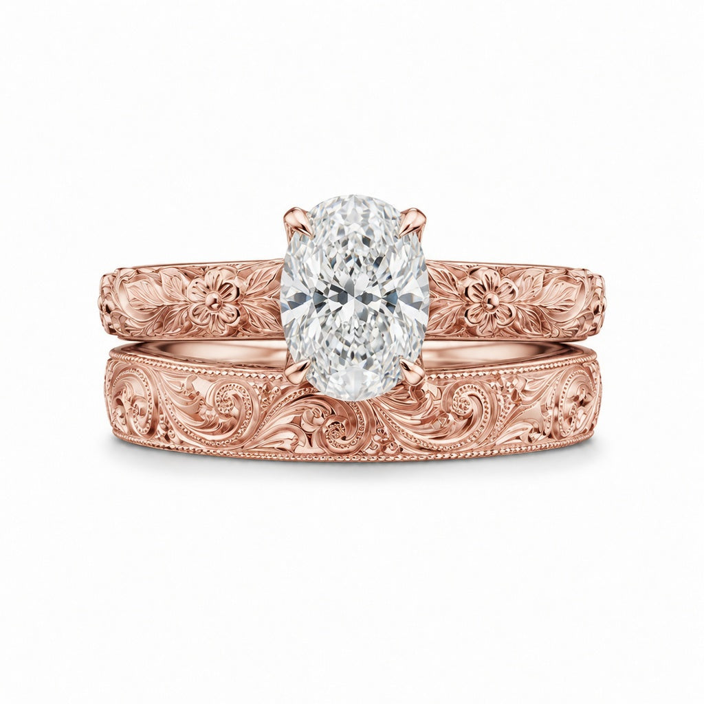 2.00 CT Vintage Oval Cut Lab-Grown Diamond Engagement Ring Set in 14K White Gold – Hand-Engraved Floral Wedding Band