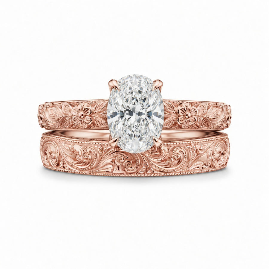 2.00 CT Vintage Oval Cut Lab-Grown Diamond Engagement Ring Set in 14K White Gold – Hand-Engraved Floral Wedding Band