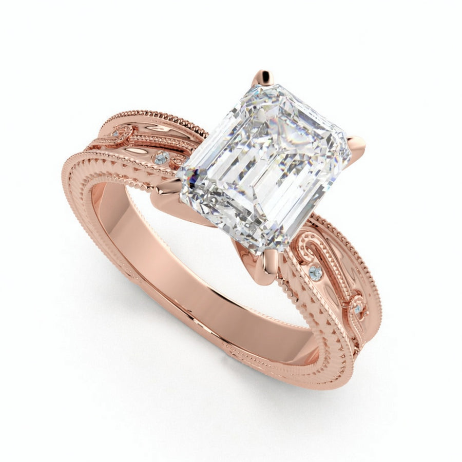 Sabrina 4 Carat Emerald Cut Solitaire Hand Engraved Milgrain Engagement Ring