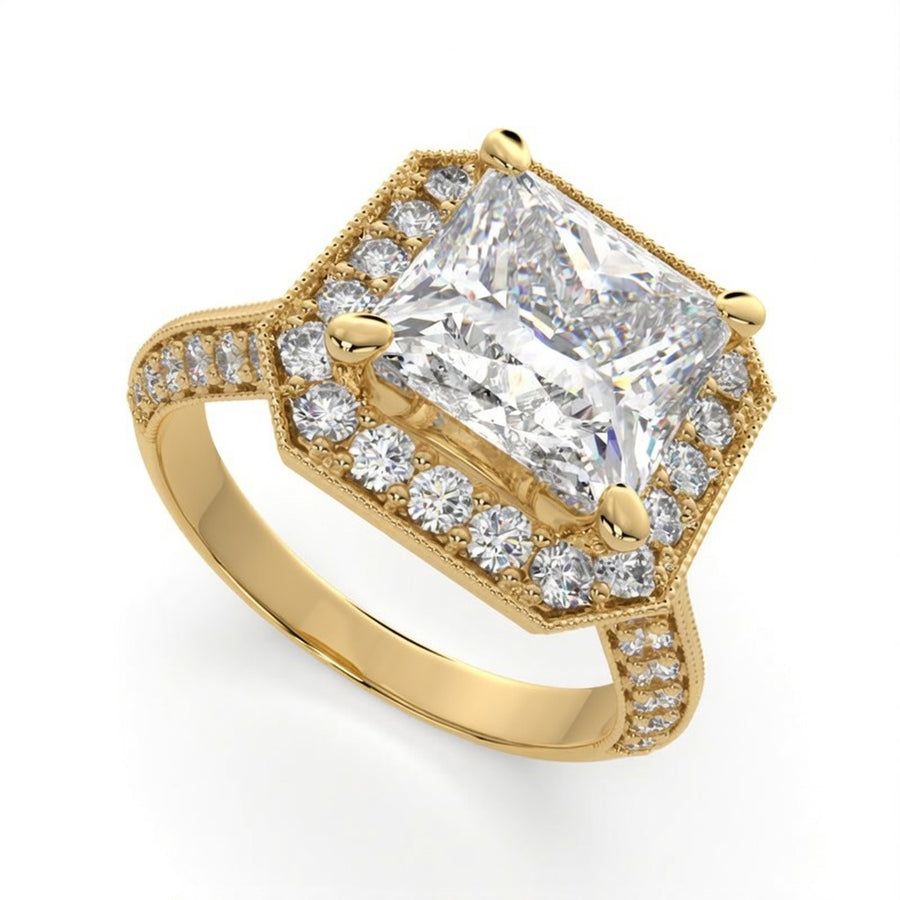 Beatrice 3.45 Carat Princess Cut Halo Pave Knife Edge Milgrain Engagement Ring