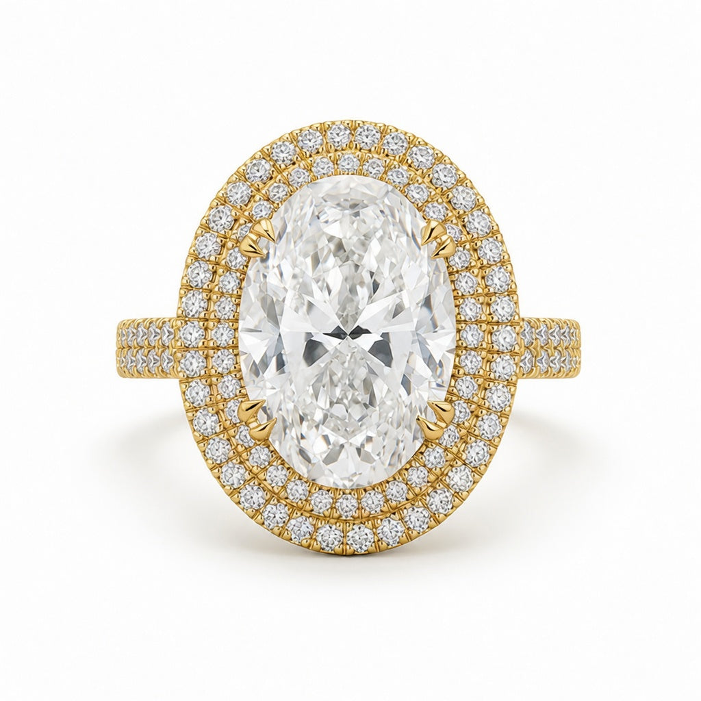 6.00 CT Oval Cut Lab-Grown Diamond Double Halo Engagement Ring in 14K White Gold – Antique Inspired Solitaire Design