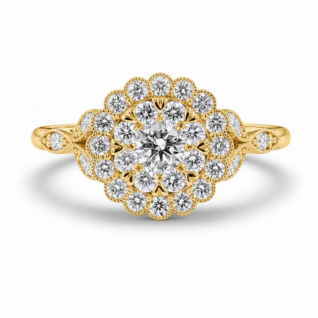 2.00 CT Round Cut Lab-Grown Diamond Double Halo Engagement Ring in 14K White Gold – Handmade Bridal Design