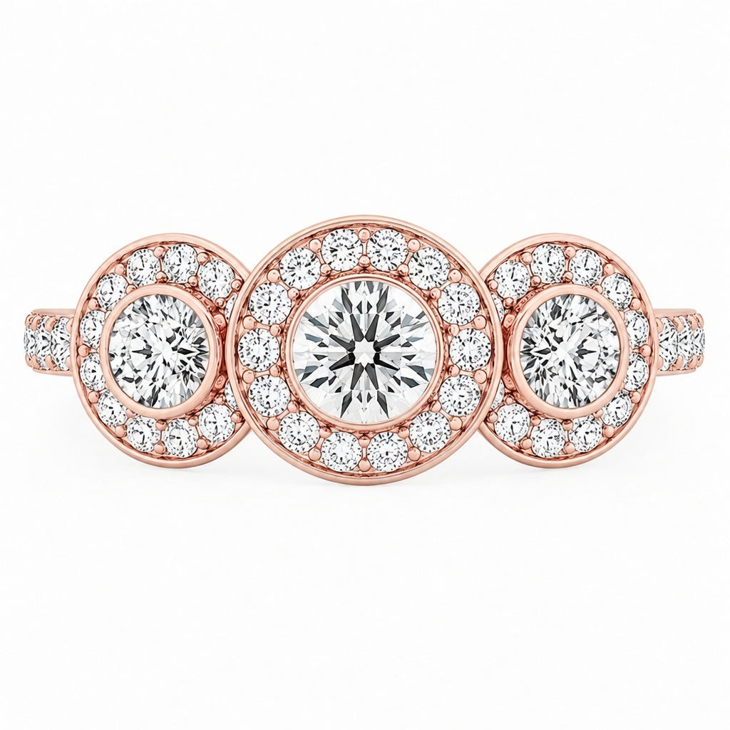 3.00 CT Round Halo Lab-Grown Diamond Three-Stone Engagement Ring in 14K White Gold – Anniversary Wedding Design