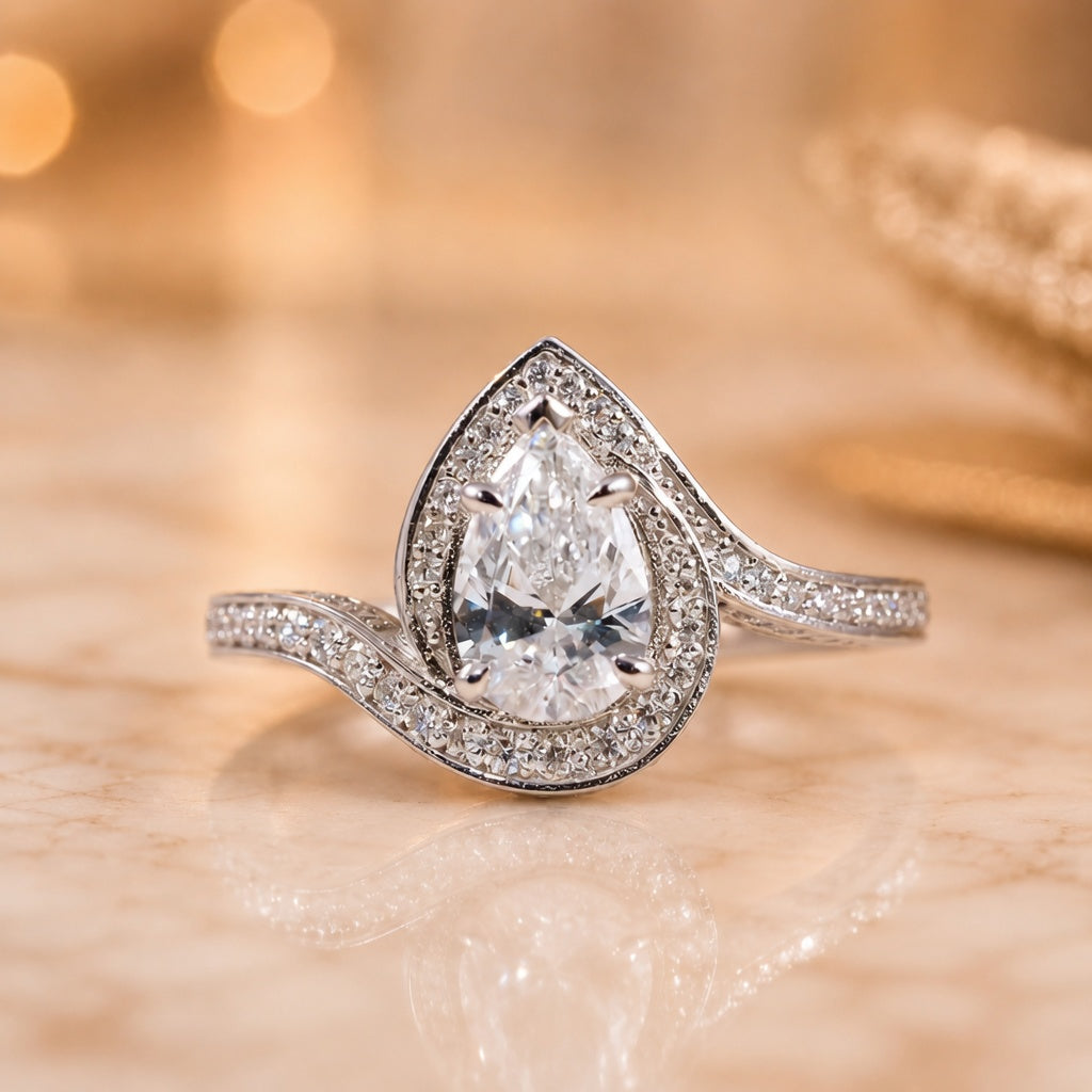 1.30 CT Pear Cut Lab-Grown Diamond Double Halo Engagement Ring in 14K White Gold – Swirl Bypass Designer Design