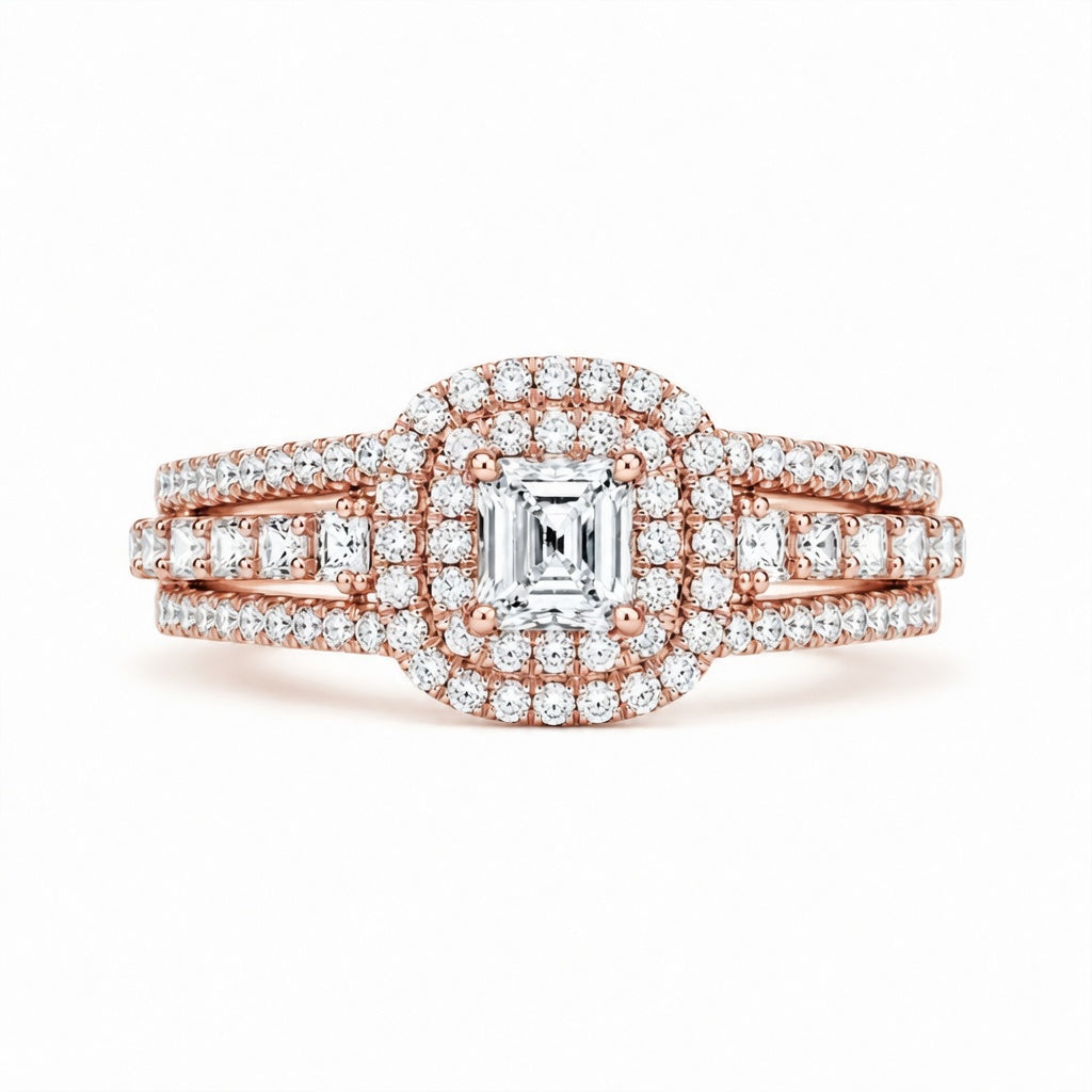 2.00 CT Princess Cut Lab-Grown Diamond Double Halo Engagement Ring in 14K White Gold – Split Shank Statement Design