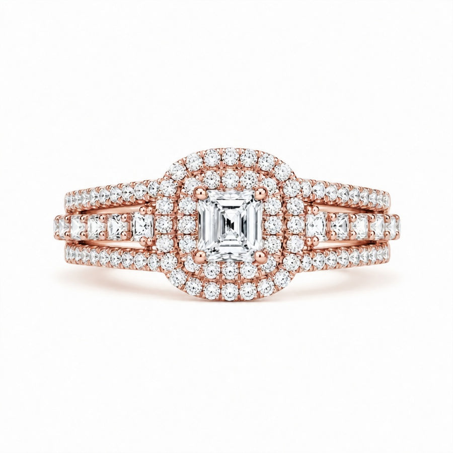 2.00 CT Princess Cut Lab-Grown Diamond Double Halo Engagement Ring in 14K White Gold – Split Shank Statement Design