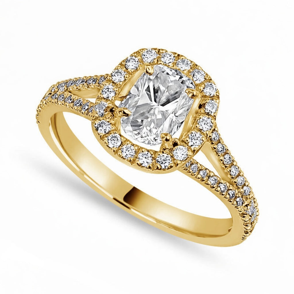 Eva 1.92 ct Lab Grown Cushion Cut Halo Split Shank Diamond Engagement Ring