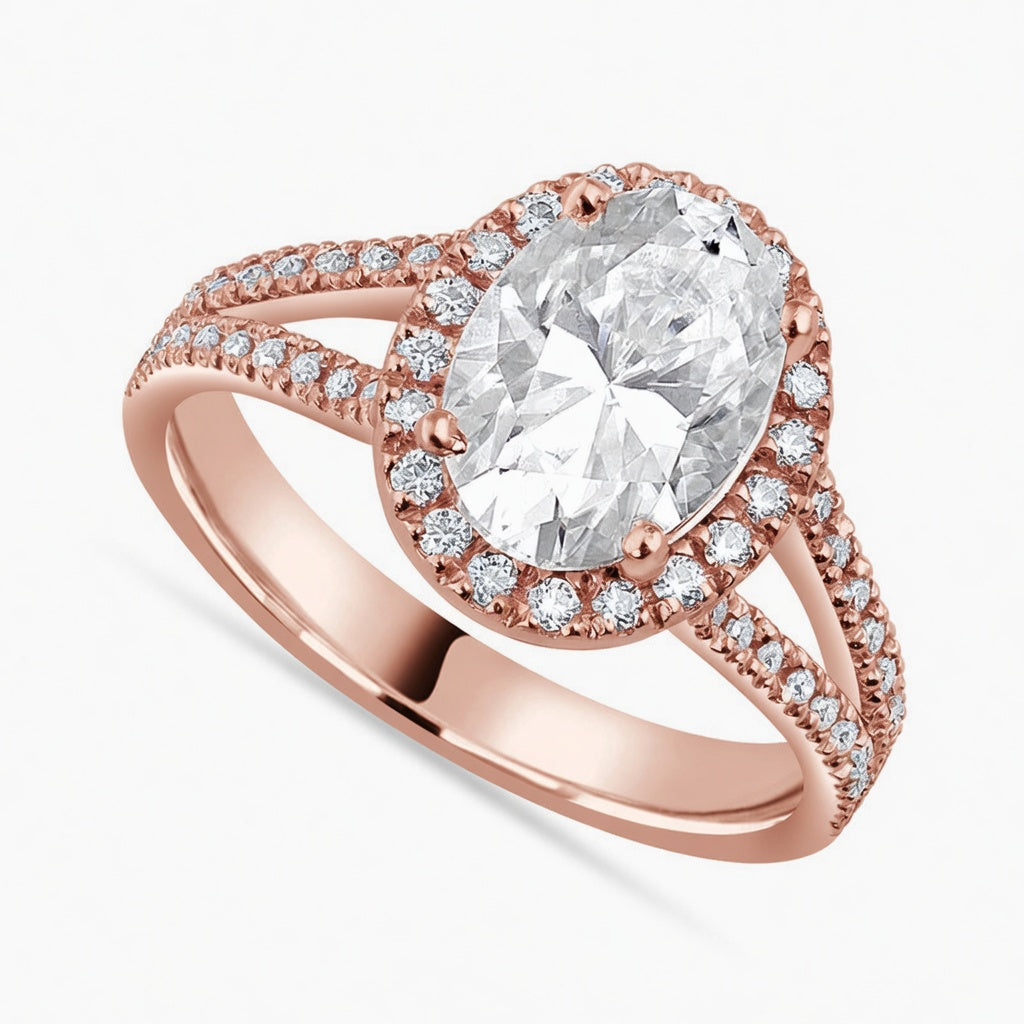 Leah 3.39 ct Lab Grown Oval Cut Halo Split Shank Diamond Engagement Ring
