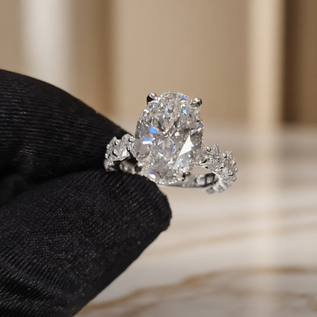 5.00 CT Oval Lab-Grown Diamond Hidden Halo Engagement Ring in 14K White Gold – Oval Side Stone Solitaire Design