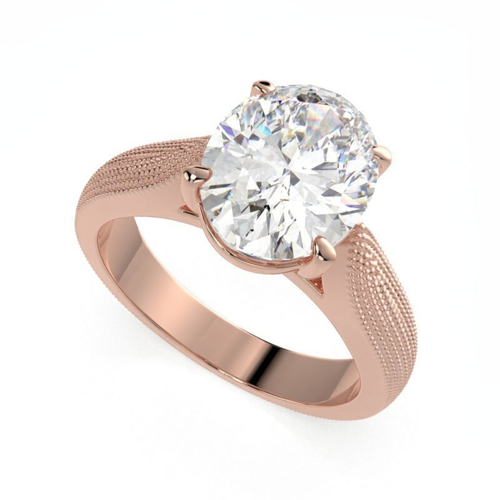 Valentina 4 Carat Oval Cut Solitaire Tapered Milgrain Engagement Ring