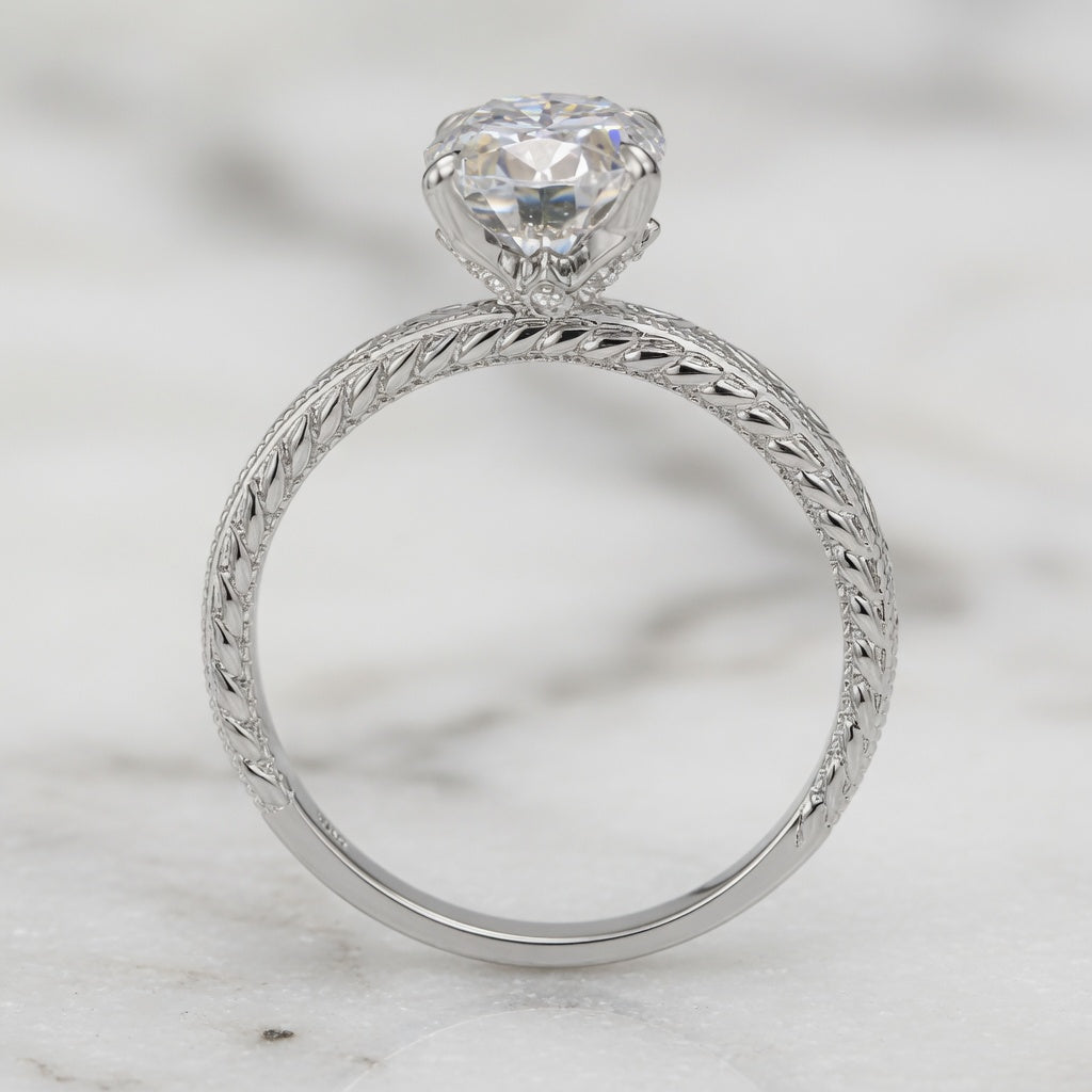 4.00 CT Oval Cut Lab-Grown Diamond Engagement Ring in 14K White Gold – Engraved Victorian Hidden Halo Design