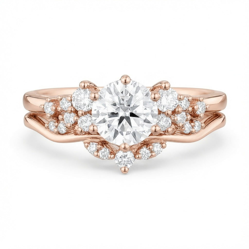 1.50 CT Cluster Lab-Grown Diamond 2PCS Bridal Set in 14K White Gold – Vintage Inspired Curved Wedding Band Design