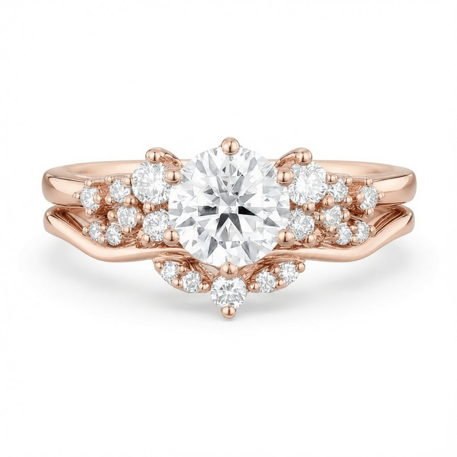 1.50 CT Cluster Lab-Grown Diamond 2PCS Bridal Set in 14K White Gold – Vintage Inspired Curved Wedding Band Design