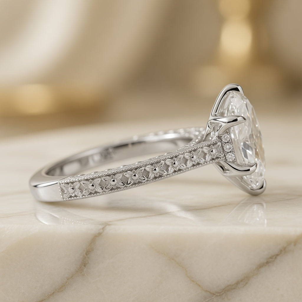 2.50 CT Oval Lab-Grown Diamond Engagement Ring in 14K White Gold – Vintage Floral Cluster Design with Marquise Side Stones