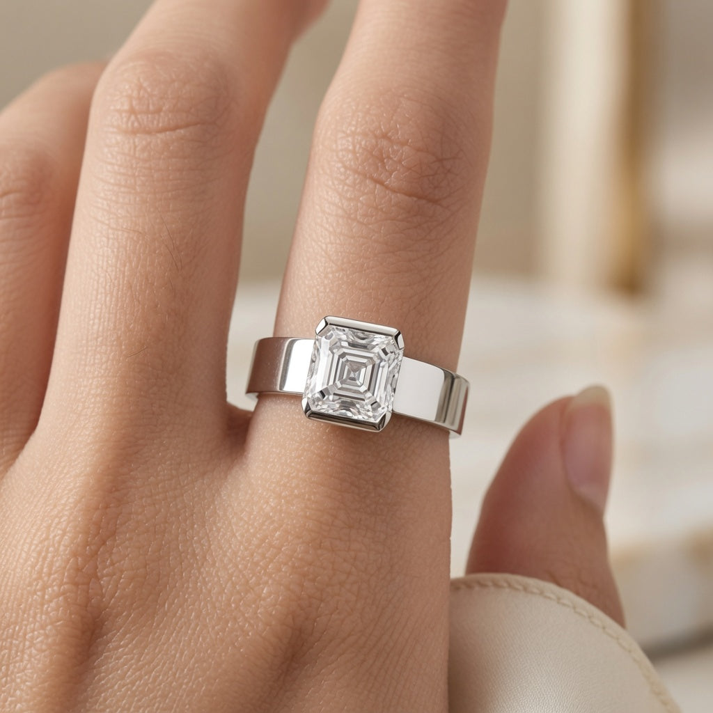 2.00 CT Asscher Cut Lab-Grown Diamond Solitaire Engagement Ring in 14K White Gold – Bezel Set Wide Band Design