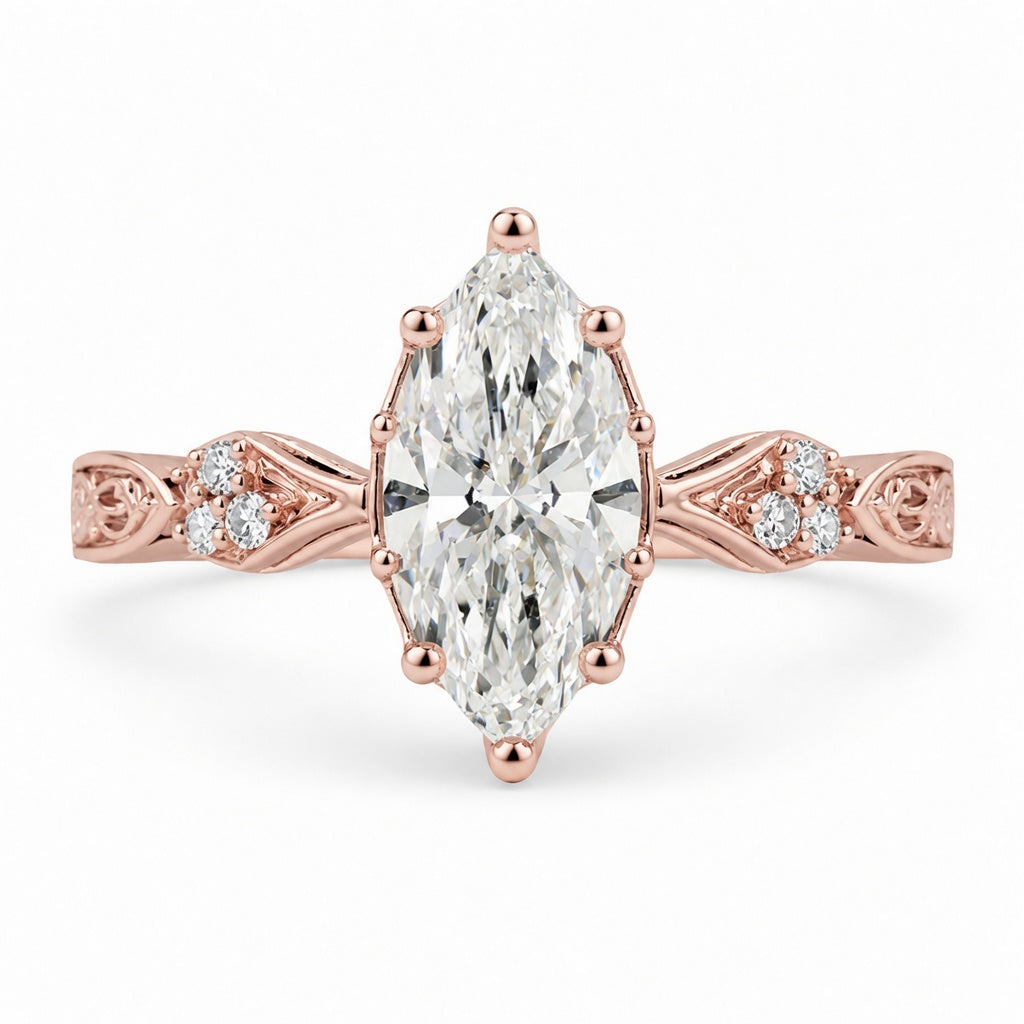 2.20 CT Vintage Inspired Marquise Lab-Grown Diamond Bridal Set in 14K White Gold – Hand-Engraved Art Deco Cluster Design