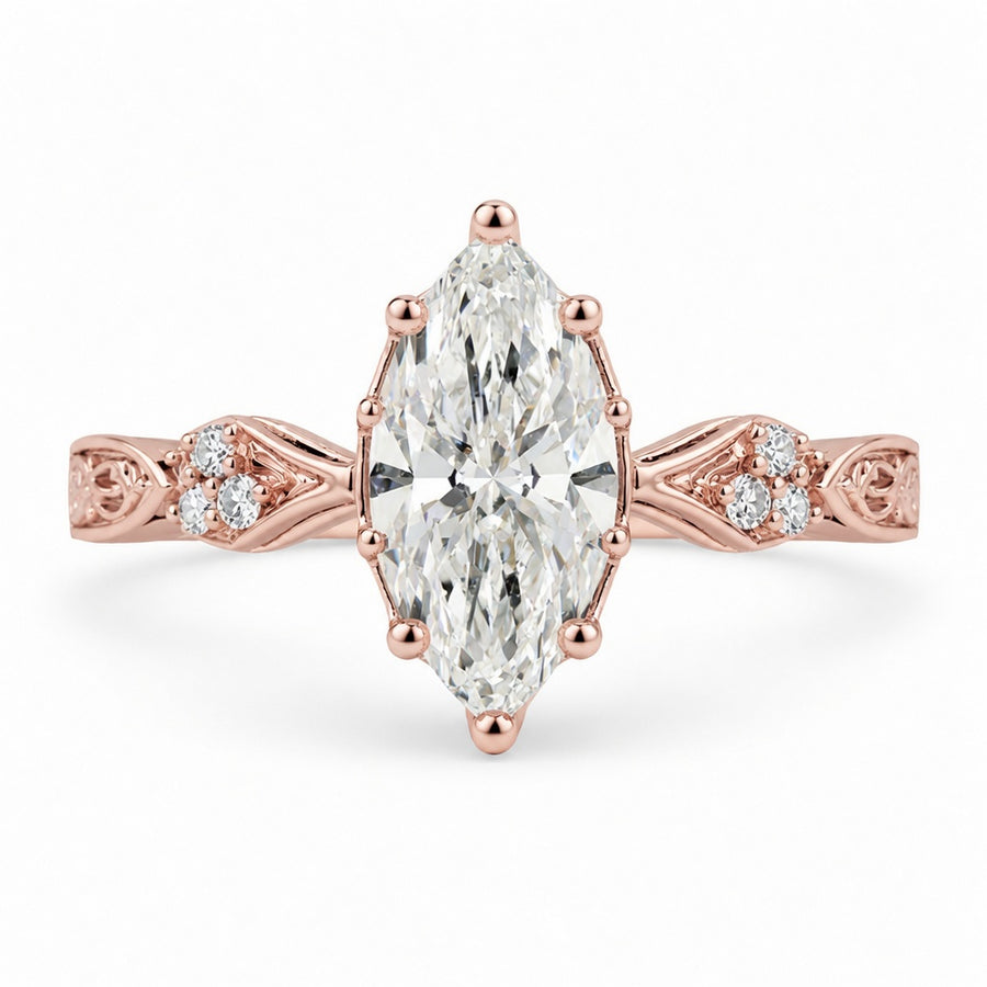 2.20 CT Vintage Inspired Marquise Lab-Grown Diamond Bridal Set in 14K White Gold – Hand-Engraved Art Deco Cluster Design