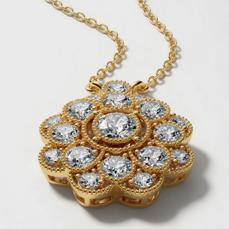 14K White Gold Vintage Floral Milgrain Lab-Grown Diamond Pendant (1.25 CTW – D–F / VS1–VS2)