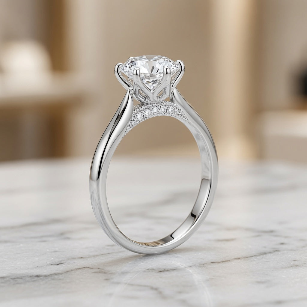 1.20 CT Round Lab-Grown Diamond Hidden Halo Engagement Ring in 14K White Gold – Tulip Set Milgrain Solitaire Design