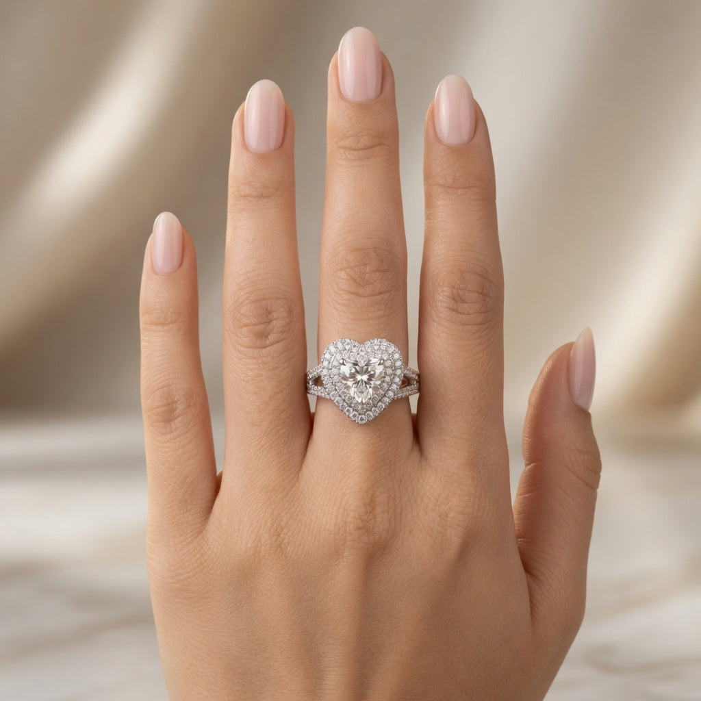 2.00 CT Heart Cut Lab-Grown Diamond Double Halo Engagement Ring in 14K White Gold – Infinity Promise Design