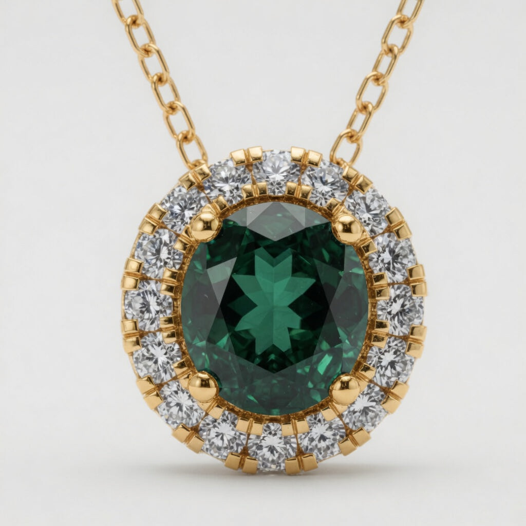 1.00 CTW Round Created Emerald and Lab-Grown Diamond Halo Pendant with Adjustable Chain (D–F / VS1–VS2)