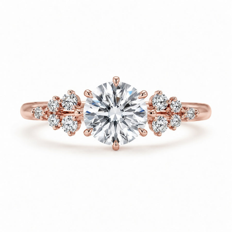 2.00 CT Round Cut Lab-Grown Diamond Three-Stone Engagement Ring in 14K White Gold – Cluster Side Stone Bridal Design