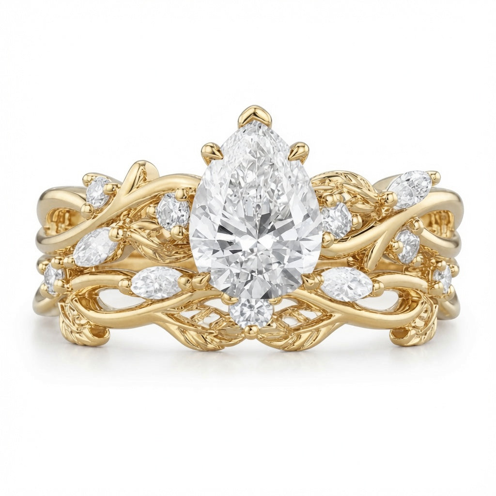 2.50 CT Pear Lab-Grown Diamond Cluster Leaf Twig 2PCS Bridal Set in 14K White Gold – Nature Inspired Wedding Ring Design
