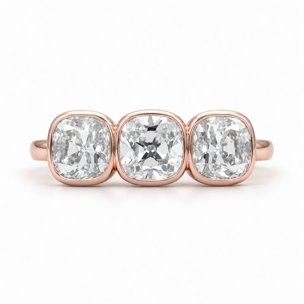 2.00 CT Old European Cushion Cut Lab-Grown Diamond Three-Stone Engagement Ring in 14K White Gold – Handmade Vintage Wedding Design