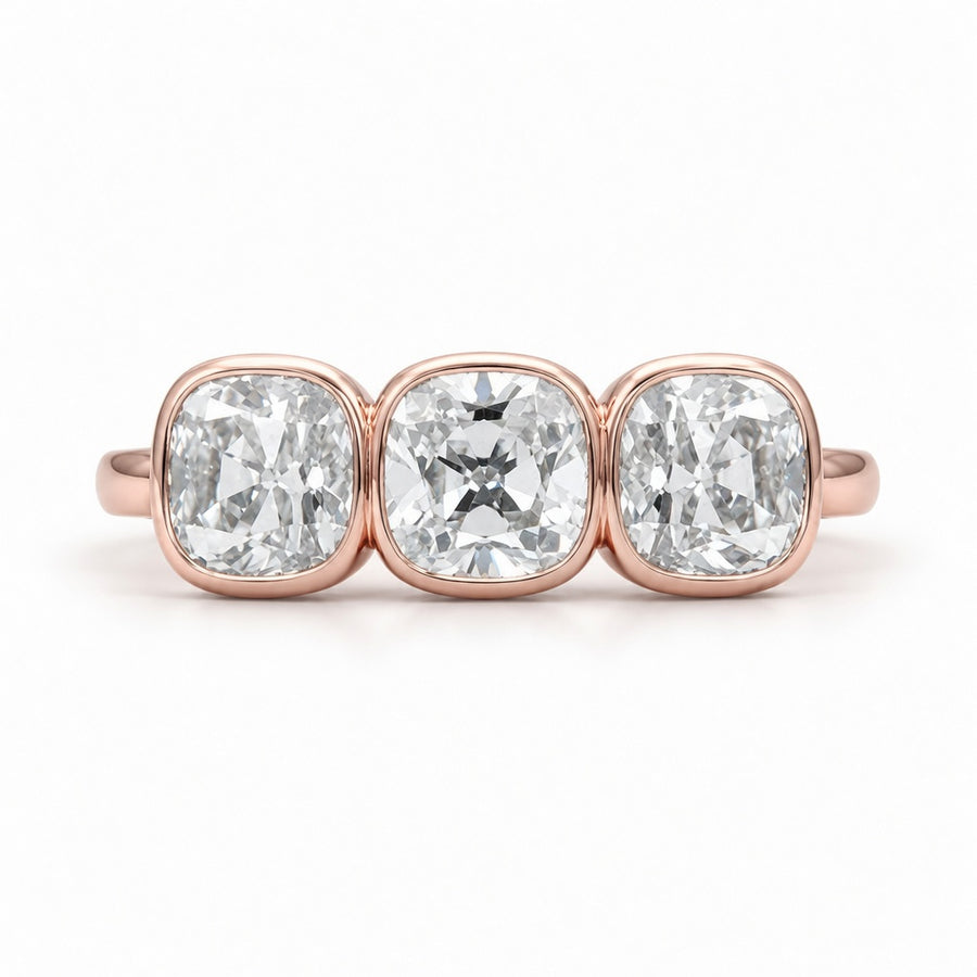 2.00 CT Old European Cushion Cut Lab-Grown Diamond Three-Stone Engagement Ring in 14K White Gold – Handmade Vintage Wedding Design