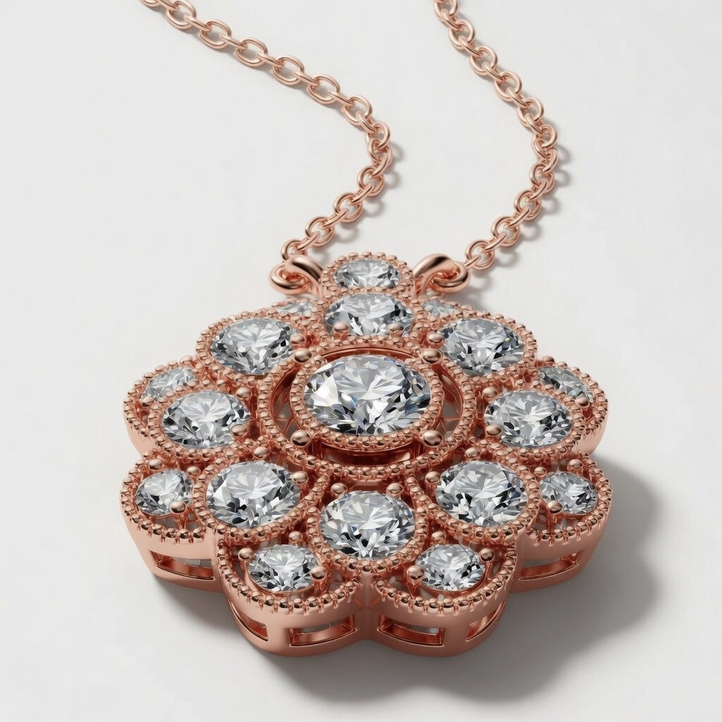 14K White Gold Vintage Floral Milgrain Lab-Grown Diamond Pendant (1.25 CTW – D–F / VS1–VS2)