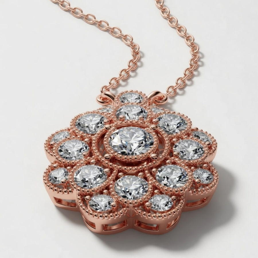 14K White Gold Vintage Floral Milgrain Lab-Grown Diamond Pendant (1.25 CTW – D–F / VS1–VS2)