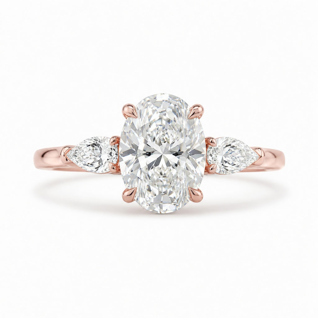 1.70 CT Oval Lab-Grown Diamond Three-Stone Engagement Ring in 14K White Gold – Pear Side Diamond Wedding Design
