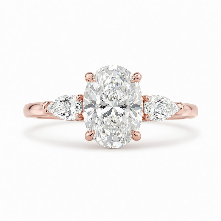1.70 CT Oval Lab-Grown Diamond Three-Stone Engagement Ring in 14K White Gold – Pear Side Diamond Wedding Design