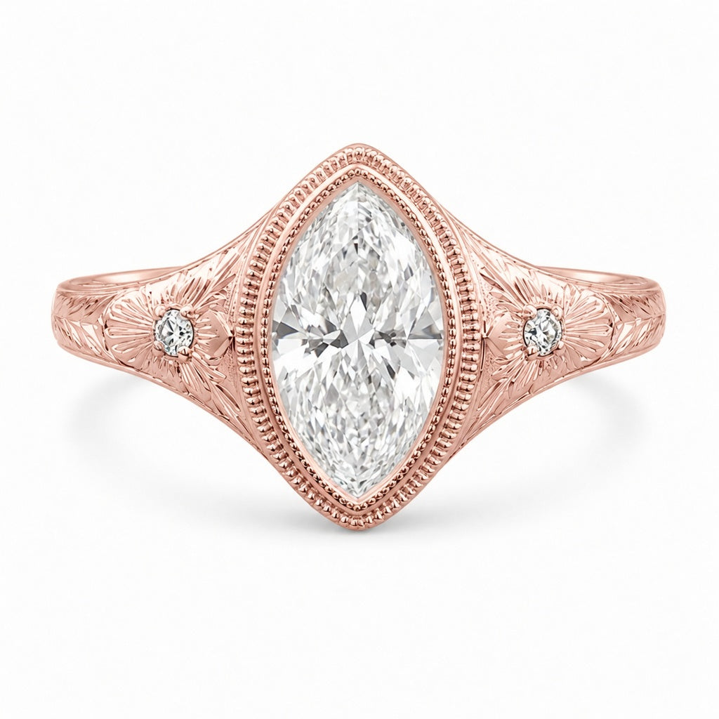 2.00 CT Marquise Cut Lab-Grown Diamond Engagement Ring in 14K White Gold – Antique Floral Engraved Milgrain Bezel Design