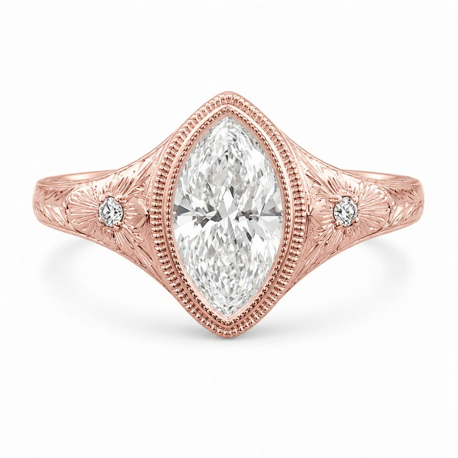 2.00 CT Marquise Cut Lab-Grown Diamond Engagement Ring in 14K White Gold – Antique Floral Engraved Milgrain Bezel Design